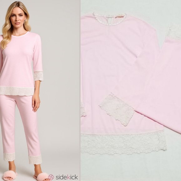 Aristocraft 50s Vintage Baby Pink Cream Lace Trim Cropped Pants Pajama Set L - Picture 1 of 13